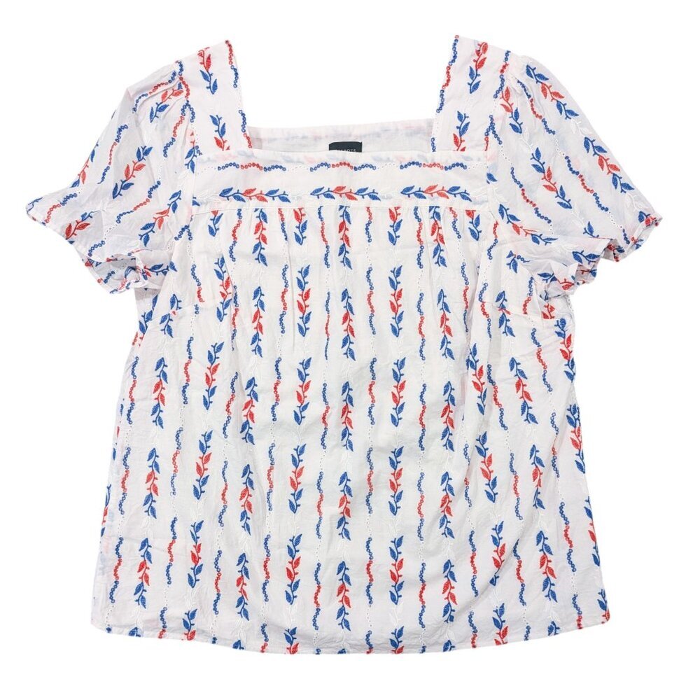 TALBOTS Embroidered Top 1X Square Neck Vines Leaves White Red Blue Summer